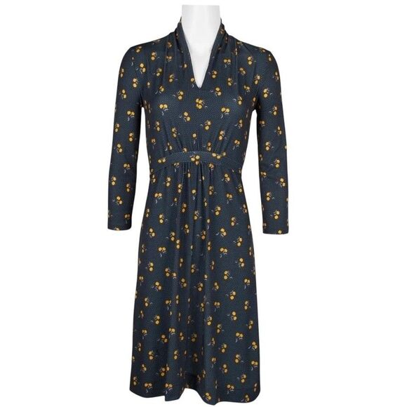 French Connection Size 6 V-Neck Tie Waist Day Dress Ditsy Blue Yellow NWT $118 - Picture 2 of 6